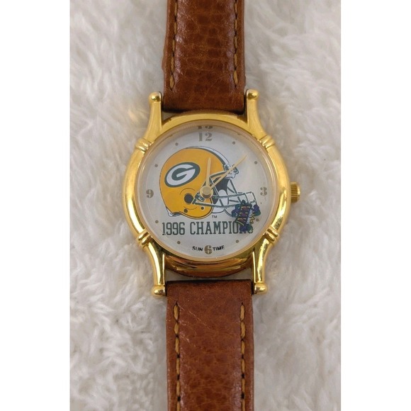 Green Bay Packers 1996 Champions Watch‎ Sun Time Gold Tone Leather Band NFL - Picture 2 of 4